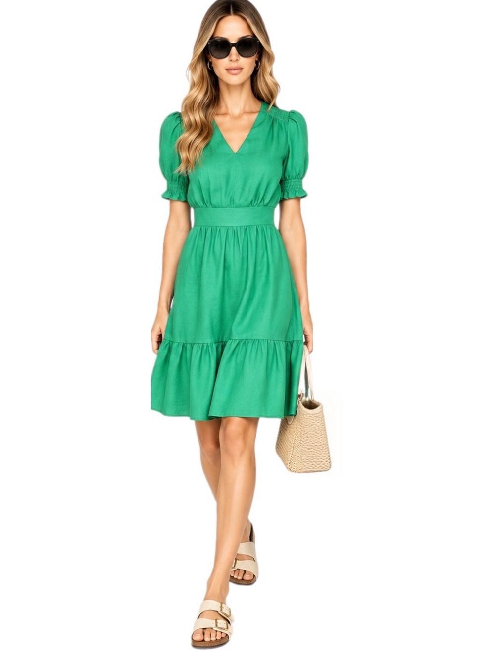BODEN Anna Size 8 Linen Short Dress Aquamarine Green Smocked V-Neck Puff Sleeve